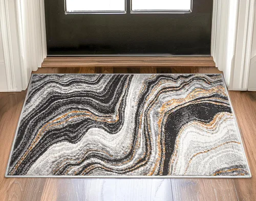 Well Woven Werrick - Alfombra abstracta moderna de 2 x 3 pies, patrón de mármol de líneas onduladas doradas grises, para entrada, oficina, acento