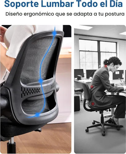 Miniatura 6 de Silla de oficina ergonómica de malla para oficina en casa, brazos abatibles, respaldo de malla transpirable y cojín de asiento grueso, silla de Negro