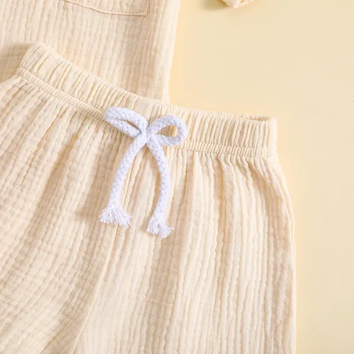 Miniatura 6 de Conjunto de 2 piezas de camiseta de algodón y lino de manga corta y pantalones cortos elásticos, 2 piezas, ropa casual de verano