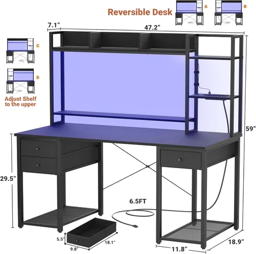 Miniatura 2 de Aheaplus Escritorio LED para Gaming con Hutch, 47.2'' Estación de Trabajo para Computadora, Negro