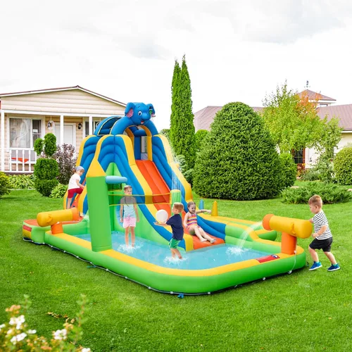 Miniatura 7 de BOUNTECH Tobogán acuático inflable, tobogán de surf de elefante, parque acuático para niños, castillo hinchable con 2 piscinas de chapoteo, cueva