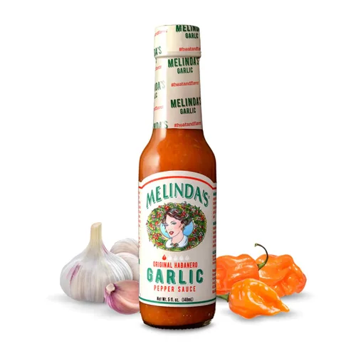 Melinda's Salsa picante habanero de ajo - Salsa picante hecha con pimientos habaneros, ajo, zanahorias y cebolla - Keto, vegano, salsa picante sin