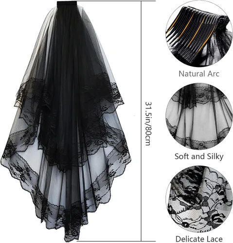 Miniatura 3 de Velo de encaje negro de Halloween, velo de boda con peine guantes de encaje negro y máscara de ojos para mujer, regalo de Halloween, juego