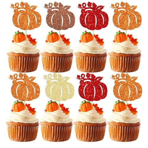 Miniatura 25 de Gyufise 24 piezas de decoración de cupcakes de calabaza con purpurina para temática de otoño, Acción de Gracias, Halloween, baby shower, niños