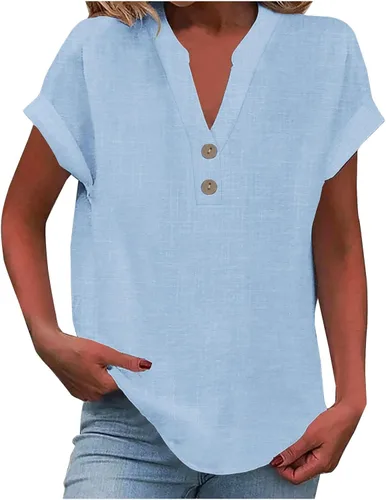 Miniatura 14 de Camisas de lino para mujer 2025 verano casual cuello en V botón abajo manga corta tops moda cómodo negocio trabajo blusas, beige (A-Beige)