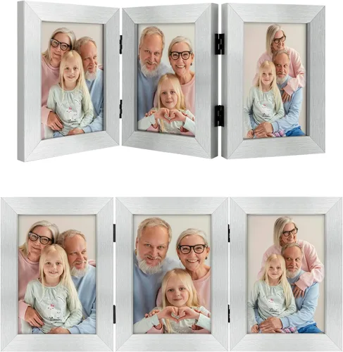 Miniatura 30 de Frametory, 3 Marcos de Fotos 4x6 Marcos de Fotos Trípticos Collage - Cristal Real - Triple Plegable (Gris, 1 Paquete)