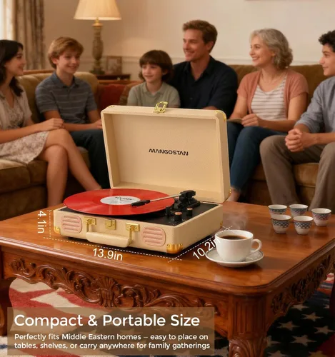 Miniatura 5 de Tocadiscos Bluetooth vintage, tocadiscos portátil de 3 velocidades con altavoces estéreo de graves integrados, fonógrafo de vinilo accionado por