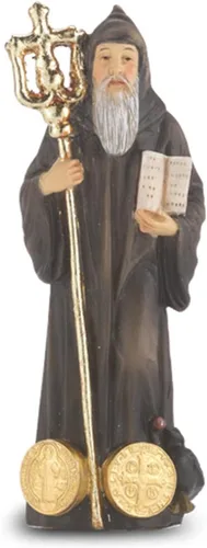 Estatua católica de Benedicto de resina pintada a mano con tarjeta de oración, 4 pulgadas