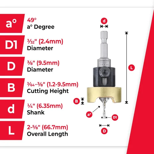 Miniatura 4 de Amana Tool Avellanador de 82 grados con tope de profundidad de broca y rodamiento de bolas sin empuje, 55225, taladro de 3/8 D x 3/32 de profundidad