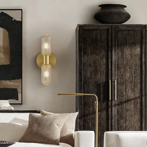 Miniatura 5 de Apliques de pared de latón cepillado, apliques de vidrio doble moleteado de 12.3 pulgadas, aplique dorado de 2 luces, luces de pared para sala