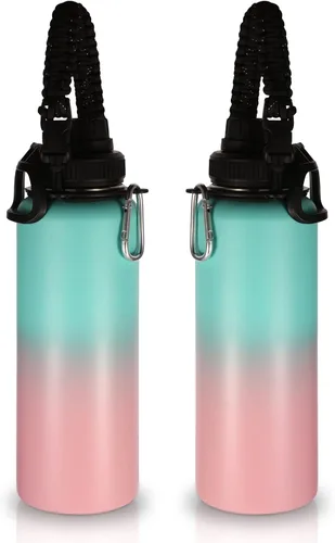 Miniatura 23 de Volhoply Botellas de agua aisladas en paquete de 2, 40 onzas, botella deportiva de acero inoxidable con asa de paracord y tapa con boquilla, taza