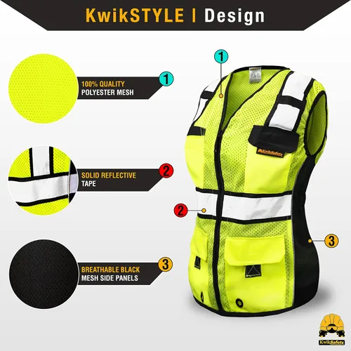 Miniatura 3 de KwikSafety (Charlotte, NC) RoadBOSS Econ & Chaleco de seguridad premium para mujer Amarillo