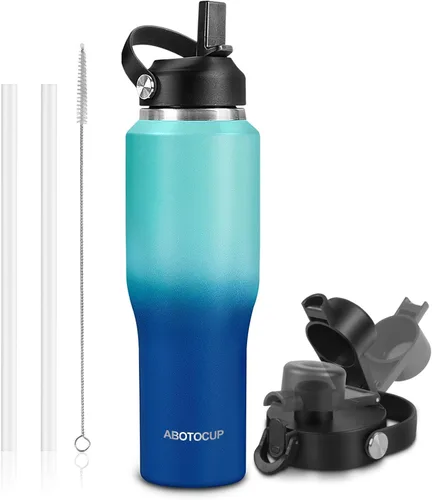 Miniatura 10 de ABOTOCUP Botella de agua de 40 onzas, botella de agua aislada con asa y tapas con popote, botella de agua de acero inoxidable que cabe en cualquier