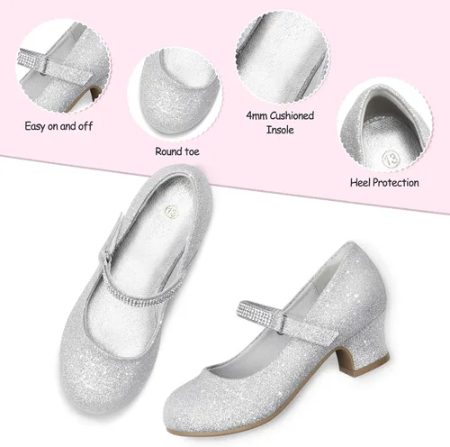 Miniatura 4 de K KomForme Zapatos Mary Jane para niña con tacón bajo con diamantes de imitación de princesa, zapatos planos de vestir para niños pequeños y niños