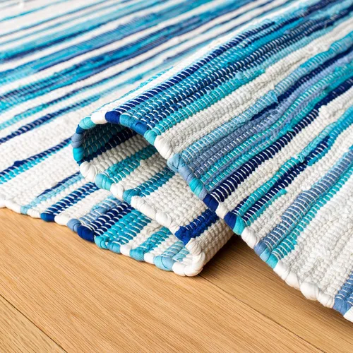 Miniatura 6 de SAFAVIEH Rag Rug Collection - Alfombra de pasillo de 2 pies 3 pulgadas x 7 pies, color marfil y azul, hecha a mano, de algodón a rayas, ideal
