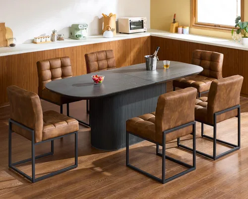 Miniatura 7 de GrandNoor Juego de 4 sillas de comedor de piel sintética color café, sillas de comedor modernas de mediados de siglo sin reposabrazos, silla