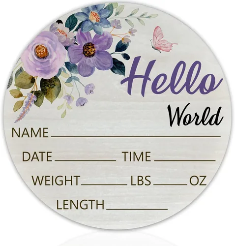 Miniatura 10 de Hello World Birth Announcement - Cartel redondo de madera de abedul para recién nacido, para guardería, hospital, baby shower, placa personalizada