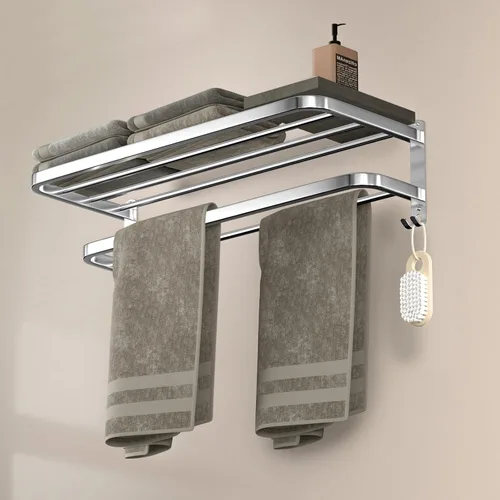 Miniatura 10 de Toalleros Negros de 15 Pulgadas para Baño con Barras Dobles para Toallas, Soporte de Montaje en Pared de Lavabo con Ganchos, Estante de Baño