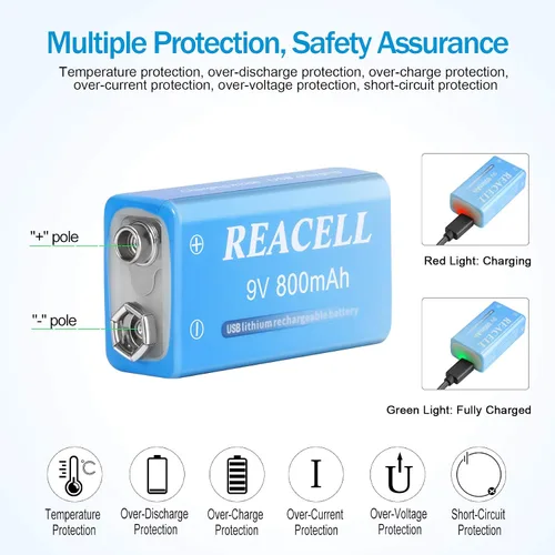 Miniatura 2 de Paquete de 2 baterías de litio recargables de 9 V, baterías de 9 voltios para detector de humo, carga USB de 800 mAh 9 V para micrófonos