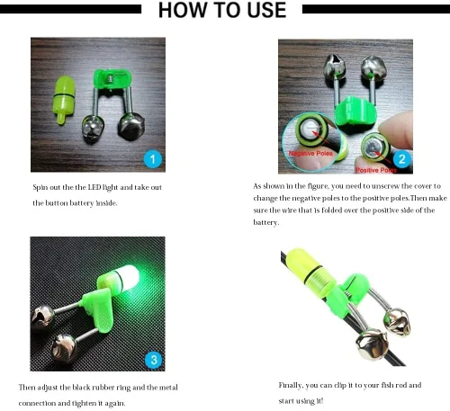 Miniatura 6 de Campanas de pesca Clips con luz LED Night Sea Fishing Rod Clip de luz LED con campanas gemelas anillo indicador de alarma de mordedura de pesca