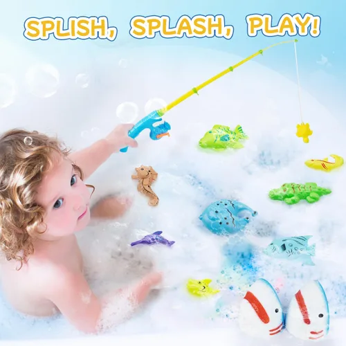 Miniatura 4 de Bombas de baño de tiburón para niños con juego de juguetes de pesca sorpresa, 8 divertidas bolas de baño explosivas y 9 juguetes de pesca, burbujas