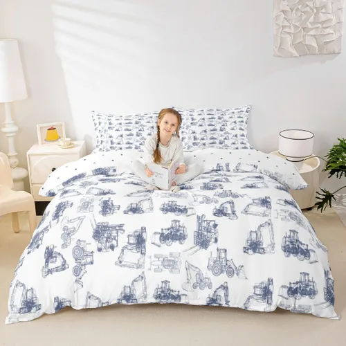 Miniatura 4 de Juego de ropa de cama de construcción, tamaño individual, para niños, camiones, juego de funda de edredón para niños, adolescentes, caricaturas