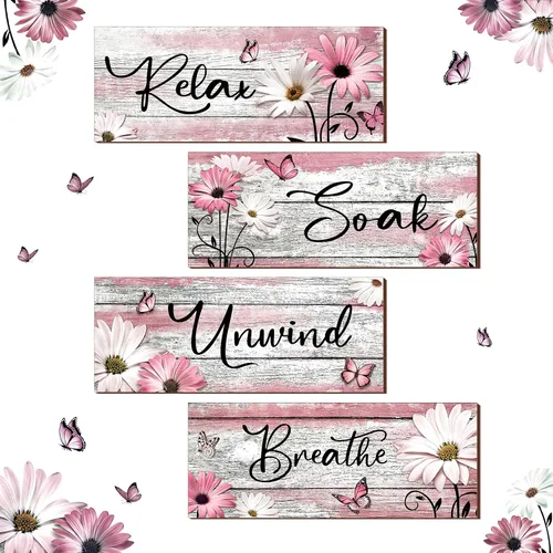 Miniatura 14 de Sunnyray 4 carteles de decoración de pared de baño de granja, margaritas y mariposas, arte de pared para baño, relajarse y relajarse, respirar, Azul