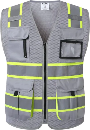 JKSafety - Chaleco reflectante de seguridad de alta visibilidad con 9 bolsillos de malla para hombres y mujeres | Cremallera frontal | Múltiples