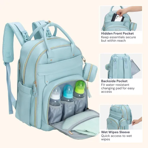 Miniatura 38 de BabbleRoo - Mochila para pañales - Bolso de viaje con artículos esenciales para bebés - Mochila multifunción resistente al agua, bolso de viaje