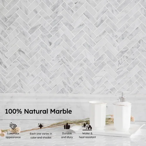 Miniatura 6 de Diflart Mosaico de mármol, blanco Carrara, tejido de canasta de 1 x 2 pulgadas, pulido, azulejos de mármol para cocina, baño, pared, paquete de 5