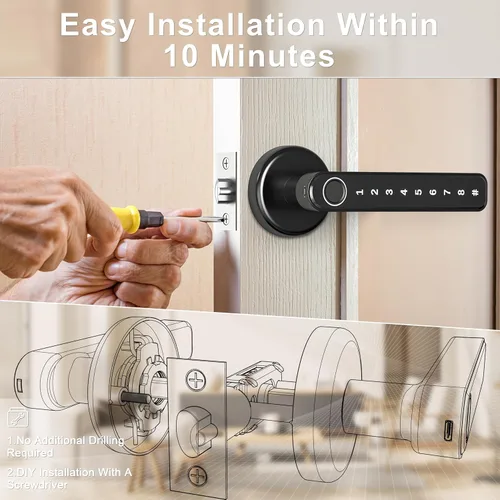 Miniatura 6 de IRONZON - Cerradura de puerta por huella dactilar, perilla con mango y teclado, cerradura de puerta sin llave con manija, para hogar, hotel