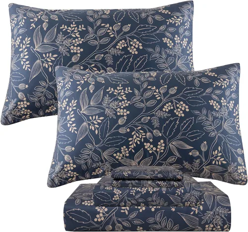 Miniatura 27 de QSH Juego de sábanas tamaño King con estampado floral - Estampado botánico de flores verdes, pájaros y mariposas, ropa de cama de algodón egipcio