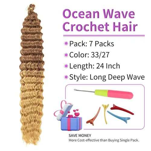 Miniatura 4 de QRHSUKA Pelo de ganchillo Ocean Wave de 24 pulgadas, 7 paquetes de cabello rizado ondulado profundo para mujeres negras, trenzas de ganchillo