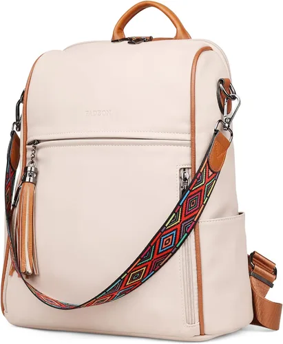 Miniatura 7 de FADEON Mochila de cuero para mujer, diseño de mujer, bolsa de hombro de moda, mochila de viaje convertible de PU, E Beige Con Marrón, Medium
