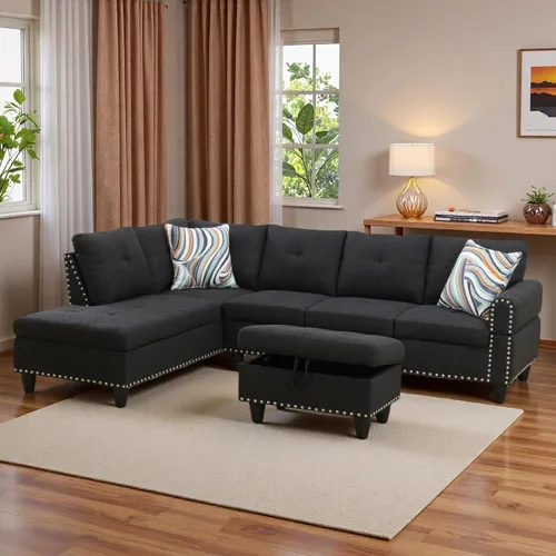 Miniatura 3 de Sofá seccional en forma de L con chaise móvil y otomana de almacenamiento, cómodo sofá modular convertible de 3 piezas para sala de estar