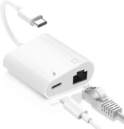 Adaptador USB C a Ethernet, adaptador USB C a RJ45 Ethernet 2 en 1 con puerto de carga PD tipo C de 60 W soporta 100 Mbps, red LAN compatible con