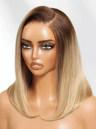 Miniatura 4 de Pelucas de cabello humano Bob de Beauty Forever, rubia con raíces marrones, parte lateral, corte recto, 7x5 encaje HD, adiós a los nudos, peluca Bob