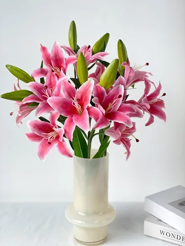 YalzoneMet RUZUQE - 2 flores artificiales de lirio de color rosa profundo de 28 pulgadas, lirios falsos de tacto real, 3 cabezales, flora sintética
