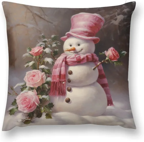 Miniatura 2 de Funda de cojín de muñeco de nieve con rosas rosadas, bufanda y sombrero, funda de almohada para cama, decoración moderna para sofá, dormitorio, sala