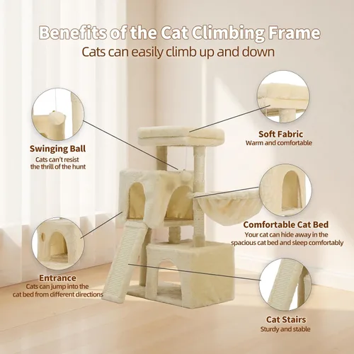 Miniatura 3 de Árbol para gatos de 35.8 pulgadas con cama doble para gatos y hamaca, rascador de felpa con plataforma cómoda para dormir y pelota de juguete