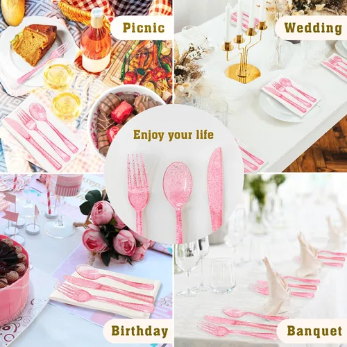 Miniatura 7 de 150 piezas de juego de cubiertos de plástico rosa resistente - 50 tenedores, 50 cuchillos, 50 cucharas para cumpleaños, boda, baby shower, despedida