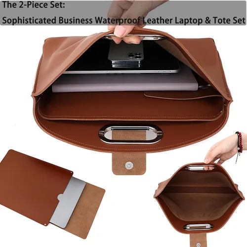 Miniatura 3 de El juego de 2 piezas: sofisticado juego de laptop y bolso de mano de cuero impermeable para negocios, bolso grueso para computadora portátil, juego