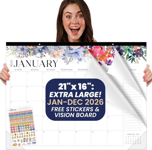 bloom daily planners Calendario de Escritorio GRANDE 2026 - Calendario de Pared XL de Enero a Diciembre - 21" x 16" Planificador Mensual de Florales