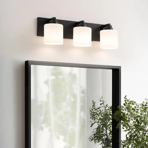 Miniatura 14 de mirrea Lámpara de tocador negra de 1 luz para espejo, aplique de pared de baño con pantallas de vidrio blanco esmerilado