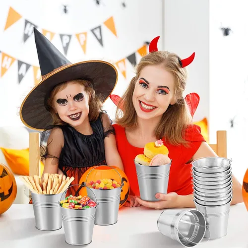 Miniatura 3 de Toyvian Mini cubos de metal con asas, 12 macetas de hojalata plateadas de 4 pulgadas para el aula, bolsas de regalo pequeñas, bolsas de regalo
