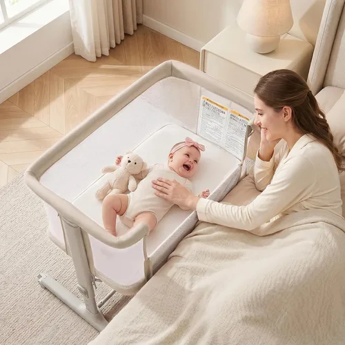 Miniatura 9 de INFANS Cuna de bebé 3 en 1, cuna lateral para recién nacido, cuna plegable con colchón, bolsa de viaje, ruedas, malla de 4 lados, cuna de montaje