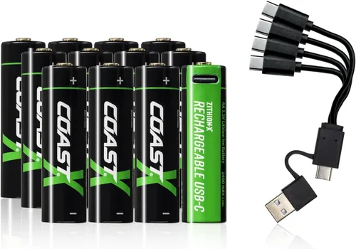 Baterías recargables Coast AA USB-C, ZITHION-X, iones de litio 1.5v 2400 mAh, larga duración, carga en menos de 2.5 horas, cable de carga incluido,