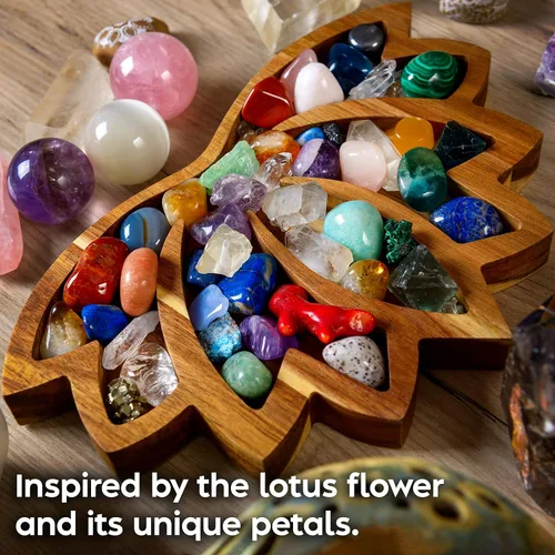 Miniatura 8 de Bandeja de Exhibición de Cristal Lotus – Muestra Tus Gemas, Piedras Curativas y Tesoros – Cuenco de Madera para Rocas de 11"x7", Soporte de Cristal