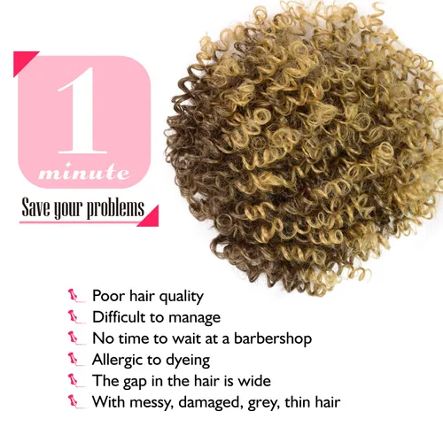 Miniatura 4 de Peluca de cabello corto afro natural rizado con flequillo, pelucas sintéticas con clip negro, para hombres y mujeres, con cabello delgado, volumen