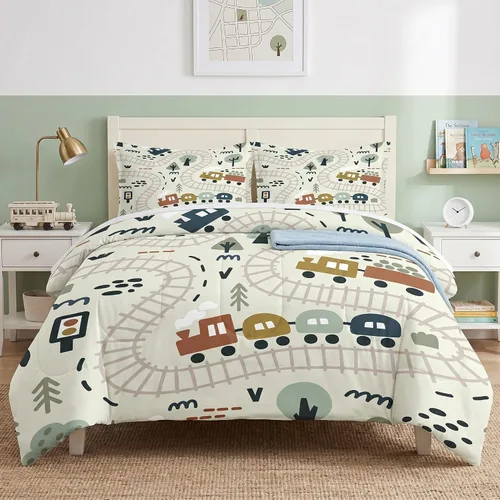 Juego de edredón con funda de almohada tamaño individual, diseño de coche de dibujos animados, tren, mapa de carretera, decoración de cama linda de